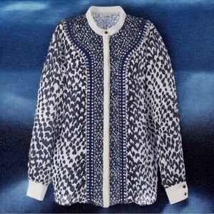 ISSA Elegant Blue and White 100% Silk Eyelet‎ Long Sleeve Blouse Women’s Size 6